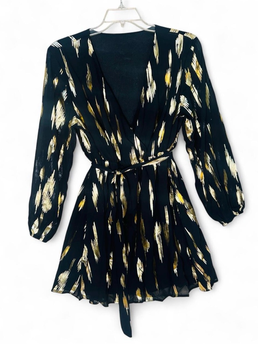 Plus size Black and Gold Long-Sleeve Mini Dress Elastic waist with belt, Size 20